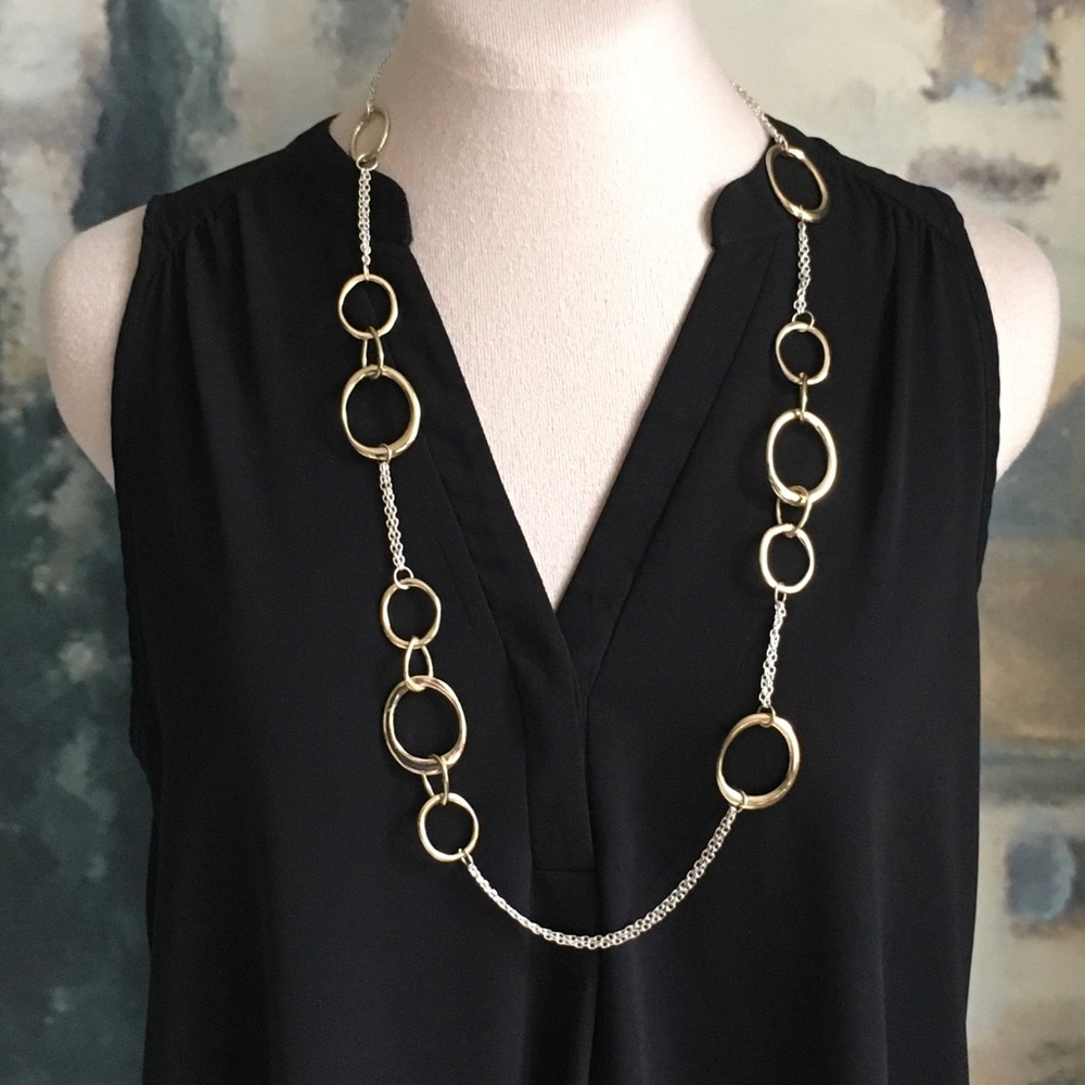 Asymmetrical Silver & Gold Tone Necklace Circles Joined Together With Chains
